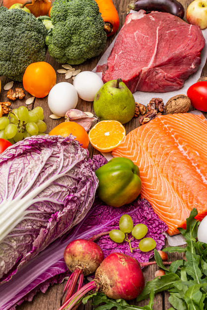 trending paleo pegan diet healthy balanced food concept set fresh products raw meat salmon vegetables fruits 164638 5353